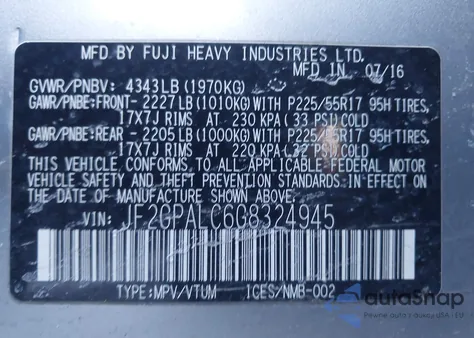 2016 Subaru Crosstrek 2.0I Limited z USA, uszkodzony, nr VIN JF2GPALC6G8324945